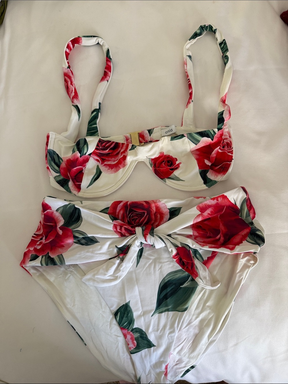 Onia x weworewhat White & Red Rose High-Waist Bikini Set